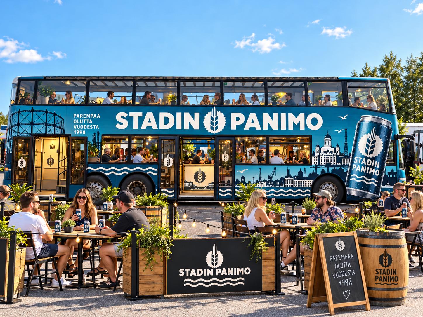 Stadin Panimon sininen kaksikerroksinen panimobussi